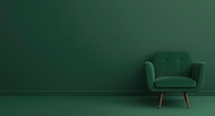 Fototapeta premium Cozy dark wall mockup including a green upholstered chair set against a unified green background