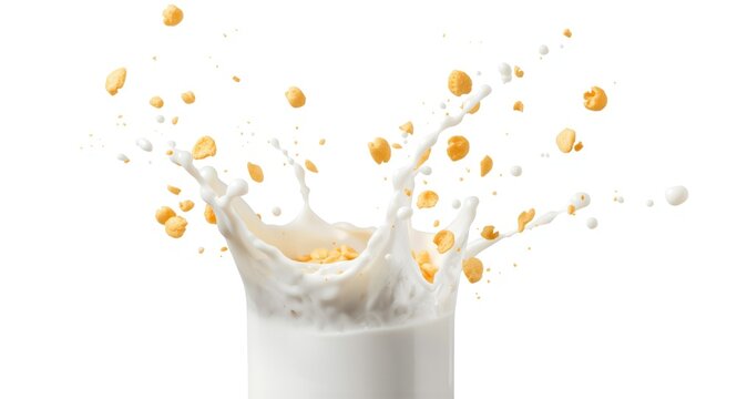 dynamic milk splash captured with corn flakes on white backdrop