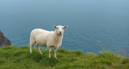 Obraz premium Cheerful white sheep standing on fresh green grassy cliff with peaceful blue sea behind