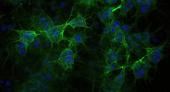 Astrocyte brain cell culture stained for GFAP in green and nuclei with blue DAPI fluorescence