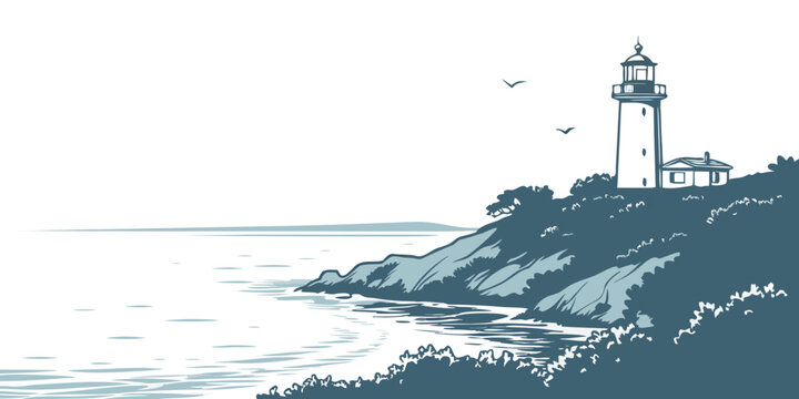 A lighthouse on a rocky cliff overlooking the ocean Vector