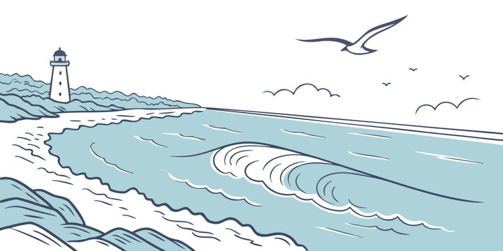 A scenic view of a lighthouse by the sea Vector