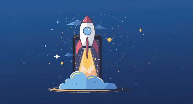 Cartoon style space rocket launching from smartphone symbolizing new tech venture beginning