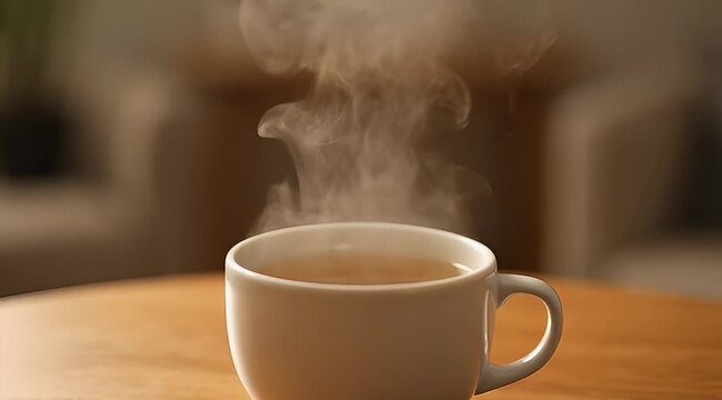 A steaming cup of tea on a wooden table in a cozy setting