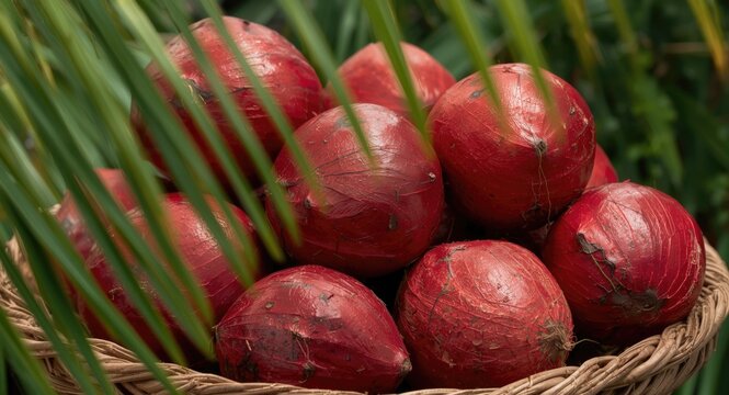 Close detail of deep red babassu coconuts arranged in a natural basket framed by lush tropical palm fronds