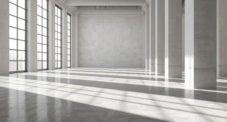 Naklejka premium Spacious daylight filled interior showcasing pillars and dramatic shadows including copy space