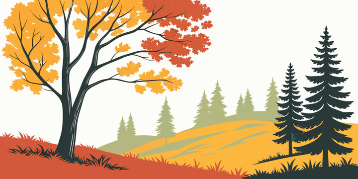 A colorful landscape with a tree and evergreen trees Vector