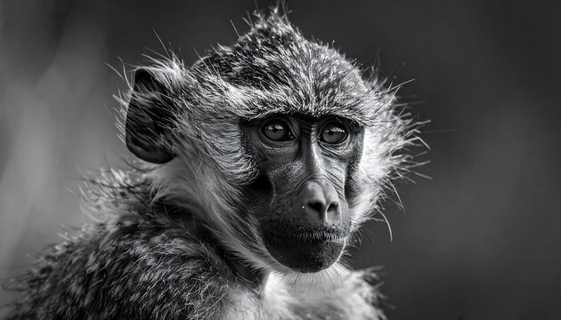 A close-up black-and-white portrait of a primate with a focused gaze