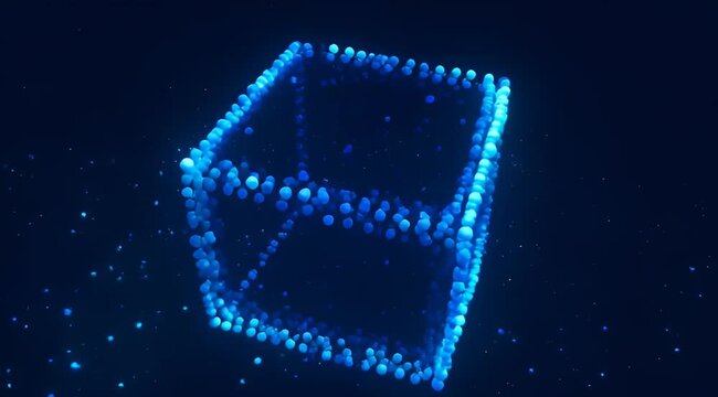 Glowing blue cube composed of small spheres floating in a dark space