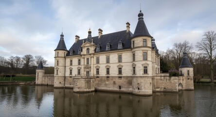 Ancient castle in Europe with a classic vintage facade surrounded by a moat