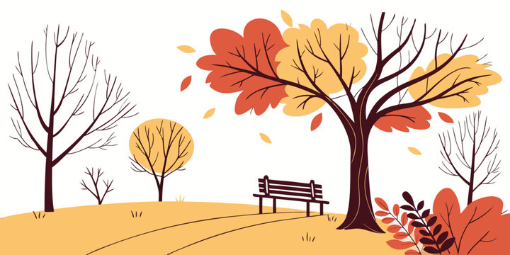 A bench sitting under a tree with fall leaves Vector