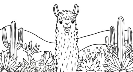 Fototapeta premium Coloring book page illustrating a happy alpaca with desert plants