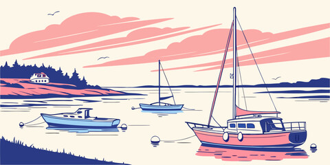 Boats are anchored in the water near a shore Vector © RABBY