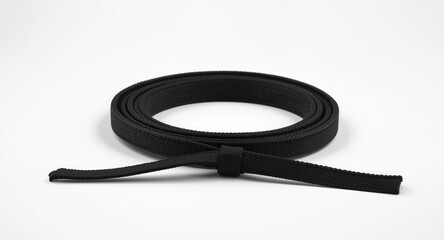 Fototapeta premium Black belt tightly coiled for karate on a plain white backdrop