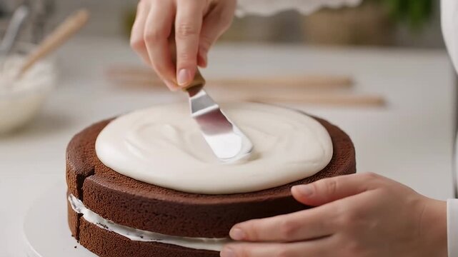 Close up of hands frosting a layered chocolate cake with white cream