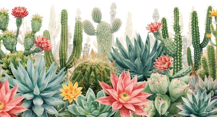 Obraz premium Bright and detailed watercolor depiction of desert succulents and cactus varieties