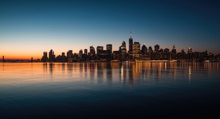 Obraz premium City horizon reflecting on calm water at evening