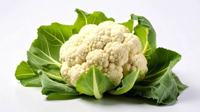 Fresh whole raw cauliflower head with vibrant green leaves on a clean white background