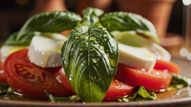Delicious caprese salad with fresh mozzarella cheese, sliced tomatoes, basil and olive oil, a healthy gourmet meal