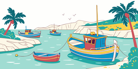 A colorful boat is anchored near the shore Vector © RABBY