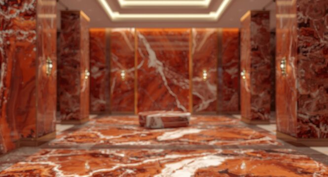 Blurred background for design featuring luxury hotel atrium with red agate marble walls