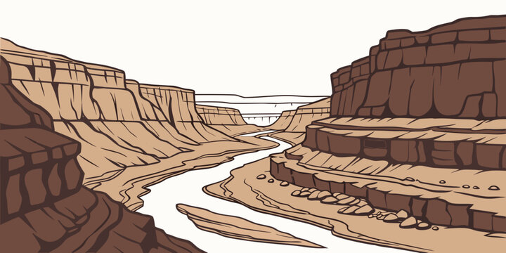 A river flowing through a canyon with brown rocky cliffs Vector