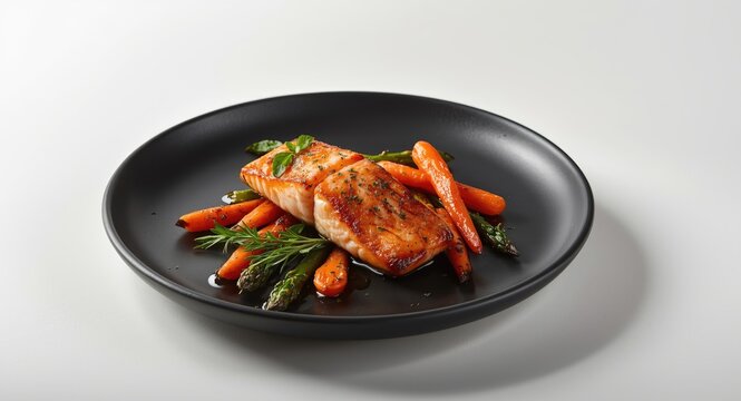 Tasty jack salmon meal including vegetables on a modern black plate set against white background