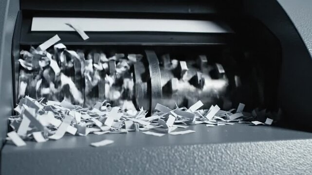 Shredding paper documents to pieces inside a paper shredder machine, ensuring data destruction and security