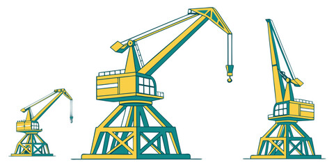 Three yellow and blue construction cranes on a white background Vector © RABBY