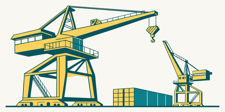 A large yellow and blue crane lifting a container Vector