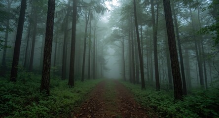 Fototapeta premium Fog filled forest trail lined by tall green trees