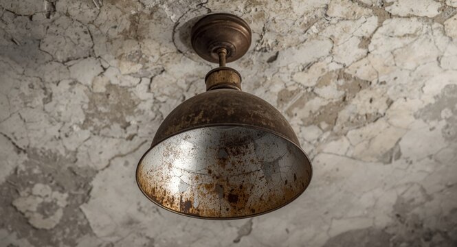 A metal hanging fixture with rust patches contrasted against a cracked and aged ceiling