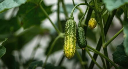 Obraz premium Healthy cucumber fruit turning ripe on green garden vine