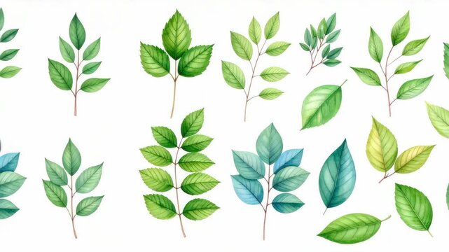 Collection of hand painted watercolor green and blue leaves and branches on a white background for botanical design
