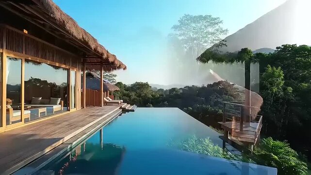 Panoramic aerial drone footage reveals eco-friendly luxury resort with thatched roofs, solar panels, and infinity pool nestled amidst lush, dense rainforest, representing sustainable tourism and