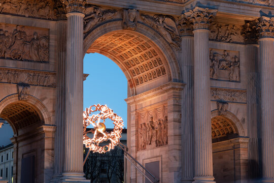 MILAN, ITALY. FEBRUARY 17 2026. Olympic brazier of Milan-Cortina 2026 Winter Olympic Games at the Arc of Peace.