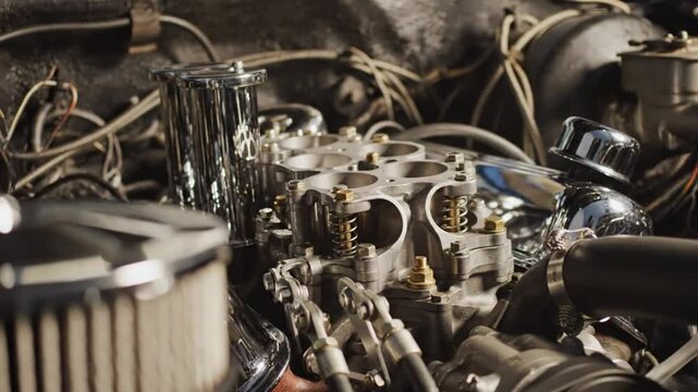 Close-up of a gleaming classic car engine with chrome details and intricate mechanics ready to run