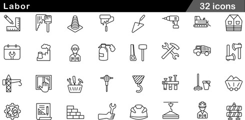32 Labor and Construction Icons Minimalist Line Art for Industrial Tools and Trades © Jamal