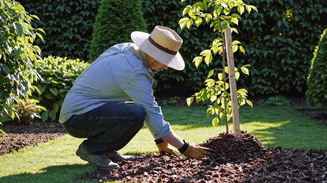 White Gardener Kneeling By Sapling, Wearing Straw Hat And Gloves, Spreading Mulch Around Newly Planted Tree Next To Wooden Stake, Focused Care In Sunlit Suburban Garden With Green Hedge Background