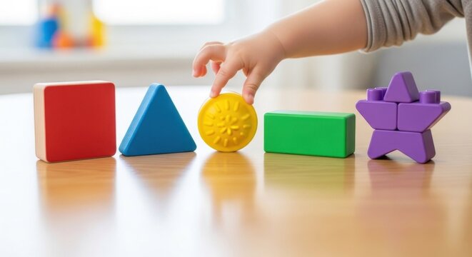 A child's hand playing with colorful plastic blocks on a wooden table, with a blurred background of toys and a window.