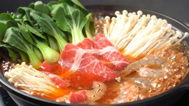 Delicious Hot Pot Meal with Beef Bok Choy and Enoki Mushrooms.