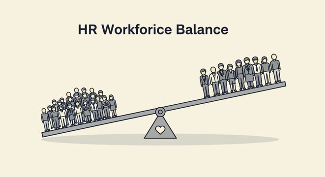 Conceptual illustration of HR workforce balance with unequal distribution on seesaw.