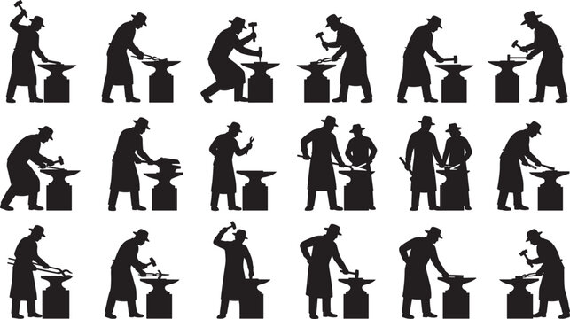 Blacksmith silhouettes collection, metal forging craftsman hammer anvil workshop traditional smith work industry artisan vector