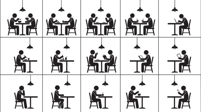 Cafe people silhouettes set, customers eating drinking coffee working laptop reading menu restaurant table lifestyle