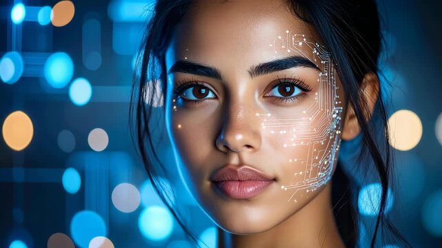 Beautiful Cybernetic Woman Portrait with Glowing Circuit Lines on Her Face and Blue Digital Bokeh Lights