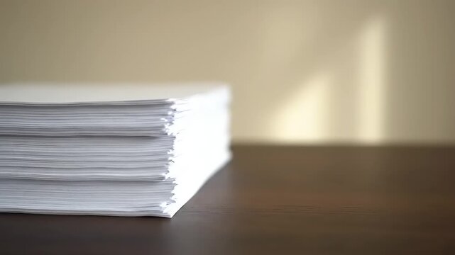 Stack of white paper documents on a desk with soft lighting.
