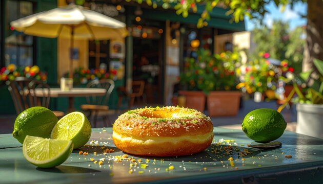 Key Lime Pie Doughnut Topped With Graham Cracker Dust And Lime Zest At An Outdoor Cafe