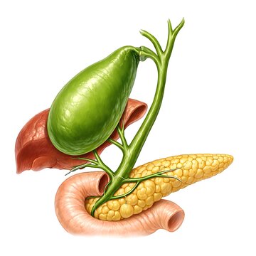 Human Digestive System Anatomy Gallbladder, Pancreas, Liver, and Duodenum Medical Illustration
