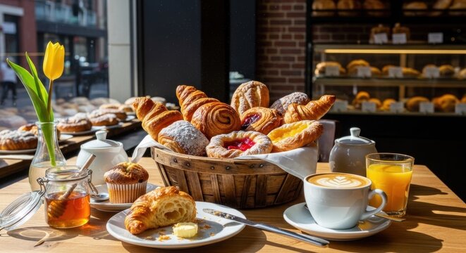 A wooden table with a basket of freshly baked pastries, including croissants, muffins, 
