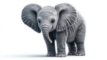 Fototapeta premium Adorable baby elephant with large ears stands on a white background, looking curious